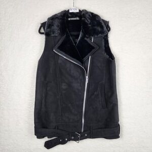 Zara Trafaluc Womens Black Faux Suede Fur Lined Biker Vest Moto Jacket M-L